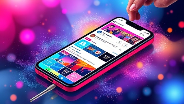 An artistic depiction of digital branding, featuring a vibrant and dynamic social media feed on a smartphone screen with colorful graphics and engaging content, symbolizing creativity and online engagement.