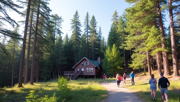 A serene wilderness lodge surrounded by towering trees, scenic trails, and outdoor enthusiasts engaging in hiking and wildlife spotting activities, embodying a spirit of adventure, connection with nature, and community bonding at Wild Wanderlust Lodge.