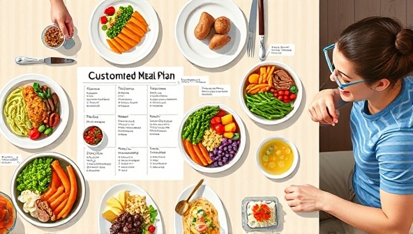 An artistic depiction of a customized meal plan spread out on a table, featuring colorful and nutritious dishes with labels indicating dietary preferences, alongside a happy customer enjoying a meal, conveying the concept of personalized and healthy eating.