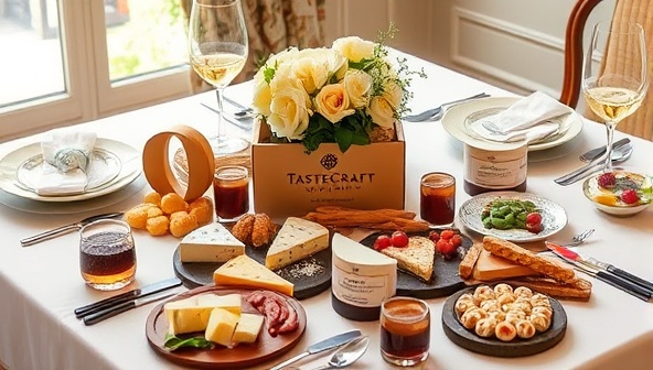 An elegant dining table set with an assortment of artisanal cheeses, charcuterie, and gourmet treats from a TasteCraft Collective box, accompanied by wine glasses and fresh flowers, creating a sophisticated and indulgent dining experience.