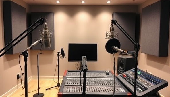 A sleek podcasting studio setup with microphones, soundproofing panels, and a mixing console, creating a professional and creative environment for podcast recording and production.