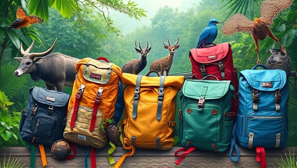 A vibrant and colorful display of eco-friendly adventure packs surrounded by lush greenery and wildlife, symbolizing the harmony between travel and environmental conservation.
