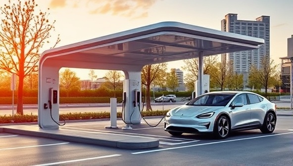A futuristic visual of a sleek EV charging station integrated into an urban landscape, with multiple electric vehicles connected and charging simultaneously, showcasing the convenience and accessibility of the VoltHub Network to promote sustainable transportation.