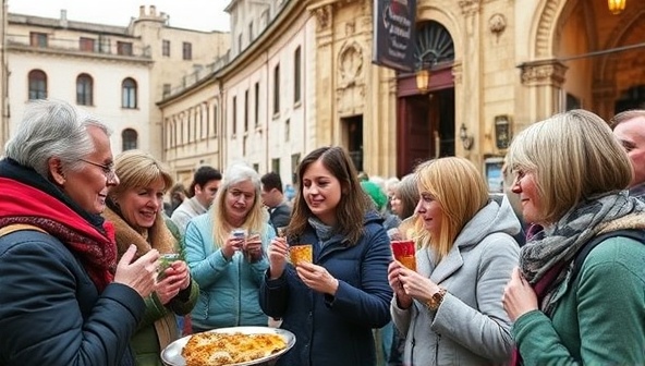 An atmospheric food tour scene with participants sampling local delicacies in a historical setting, guided by a knowledgeable tour leader sharing captivating stories about the culinary traditions of the region, evoking a sense of discovery and cultural immersion.