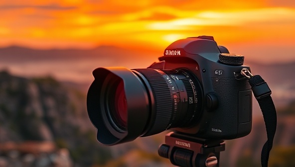 A captivating shot of a DSLR camera capturing a stunning landscape at golden hour, with vibrant colors and dramatic lighting, symbolizing the essence of adventure and creative exploration in travel photography.