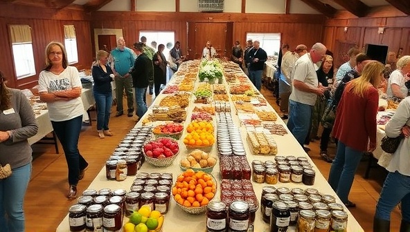 A bustling community hall setup with long tables displaying an array of homemade jams, fresh produce, baked goods, and preserves, as participants chat and exchange culinary delights, creating a vibrant and communal atmosphere at a Harvest Exchange Gatherings event.
