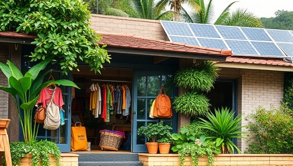 An inviting store front with a display of eco-friendly travel gear made from recycled materials, surrounded by lush greenery and solar panels, illustrating a commitment to sustainability and responsible travel.
