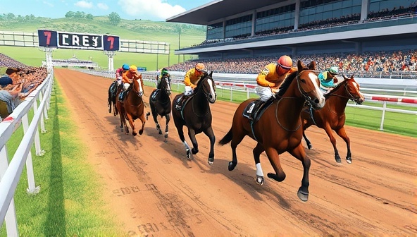 An immersive and dynamic virtual horse racing track environment showcasing digital horses racing towards the finish line, with cheering crowds, jockeys in action, and vibrant animations capturing the excitement and energy of Equestrian Derby Quest, the ultimate virtual horse racing simulation game.