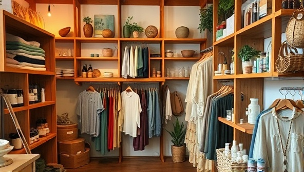 A cozy, well-lit boutique space with wooden shelves displaying beautifully crafted, eco-friendly products like upcycled clothing, organic skincare, and handmade accessories, creating a peaceful and earthy atmosphere.