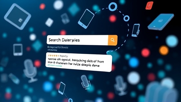 An abstract visual representation of voice-activated devices and search queries floating in a digital space, with optimized content snippets and website links appearing in response, illustrating the seamless and effective voice search optimization services offered by VoiceRank Pro.