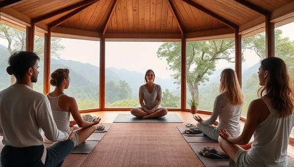 An immersive virtual retreat setting with participants engaging in a group meditation session led by a wellness coach, surrounded by calming nature visuals and soothing music, creating a serene and relaxing atmosphere reflective of ZenScape Retreats