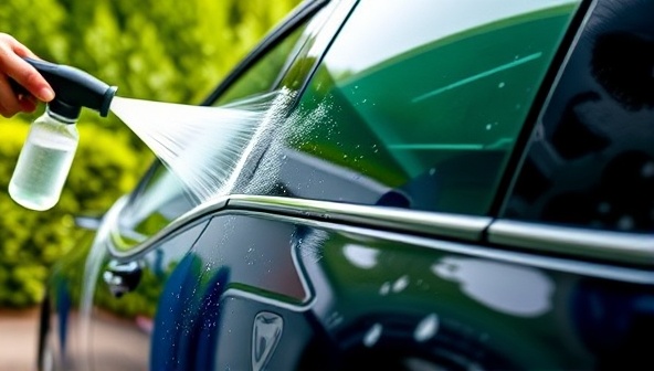 An image of a car being washed using environmentally friendly products, with lush greenery in the background and a clean, shiny vehicle reflecting the eco-conscious approach of GreenGlow Wash's services.