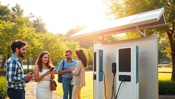 A vibrant outdoor scene showcasing a solar-powered charging station in a park, with people of diverse backgrounds happily charging their phones under the sun, surrounded by greenery and sunlight, illustrating sustainability and convenience.