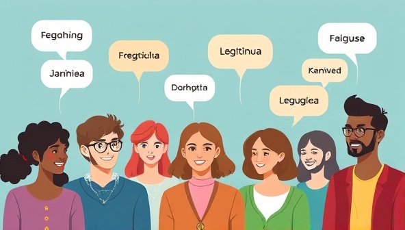 An illustration of diverse avatars engaging in a virtual language learning session, with speech bubbles containing different languages, symbolizing cultural exchange and communication.