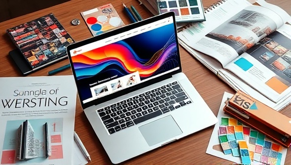 A sleek laptop displaying a visually stunning website design concept, surrounded by design sketches, color palettes, and modern web design magazines, reflecting creativity and innovation in web design consultancy.