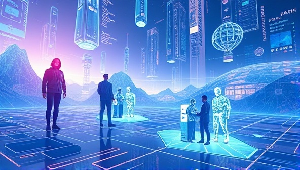 An artistic rendering of a futuristic digital landscape with virtual influencers interacting with real-world products, blending the line between virtual and physical marketing experiences.
