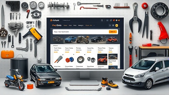 An engaging online marketplace interface displaying a variety of car parts, from engine components to exterior accessories, with a user-friendly search bar and filtering options, surrounded by automotive tools and a diverse range of vehicles, illustrating the comprehensive and accessible nature of PartPick Hub.