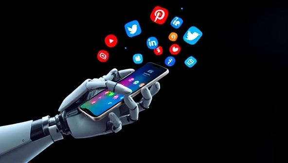 An AI-powered robot hand holding a smartphone with various social media icons floating around, symbolizing the seamless automation and synchronization of social media content through AI Social Sync.