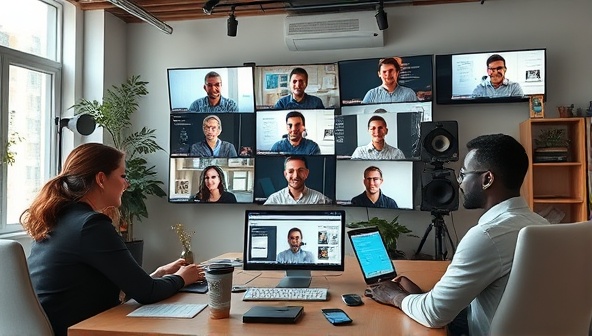 An engaging virtual workspace environment with telecommunication freelancers collaborating on projects through video calls, messaging platforms, and shared documents, showcasing the platform's dynamic and flexible approach to remote work opportunities.