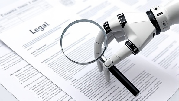 An artistic representation of a robotic hand holding a magnifying glass over legal documents, symbolizing precision and advanced technology in document review.