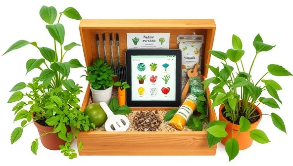 An interactive plant care box filled with gardening tools, plant nutrients, and a digital tablet displaying a plant care app interface, surrounded by lush greenery and botanical illustrations, creating a vibrant and educational ambiance for plant lovers.