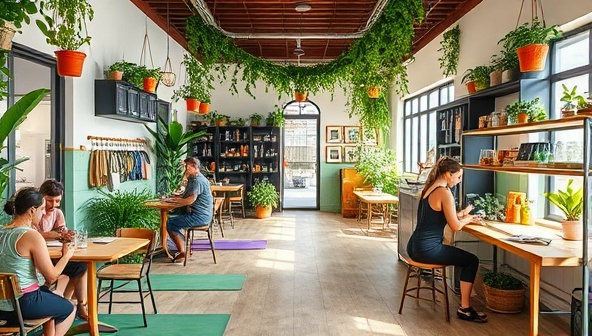 A tranquil plant-based cafe and wellness hub adorned with greenery, yoga mats, and herbal teas, with customers enjoying plant-based meals, participating in a yoga class, and browsing natural wellness products, exuding a sense of calm, health, and community well-being.