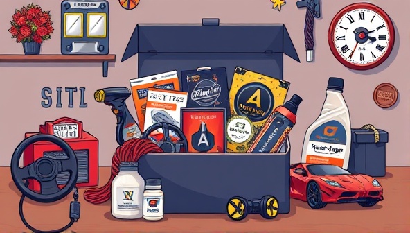 An artistic illustration of a sleek, modern subscription box filled with automotive goodies like car fresheners, detailing supplies, and gadgets, surrounded by car-themed decorations, conveying a sense of excitement and exclusivity.