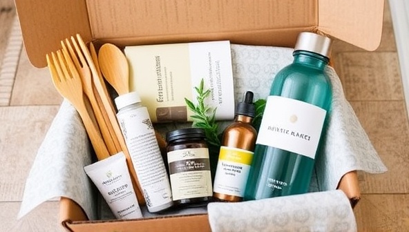 An aesthetically pleasing travel subscription box filled with sustainable products like bamboo utensils, organic toiletries, and a reusable water bottle, symbolizing eco-friendly travel essentials and conscious consumerism.