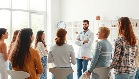 A pharmacist leading a wellness workshop in a bright, airy space with participants engaged in interactive discussions and activities, promoting a collaborative and educational wellness environment.