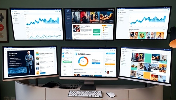 A digital workspace with multiple screens displaying analytics dashboards, social media profiles, and creative content, reflecting a dynamic and data-driven approach to digital marketing consultancy.