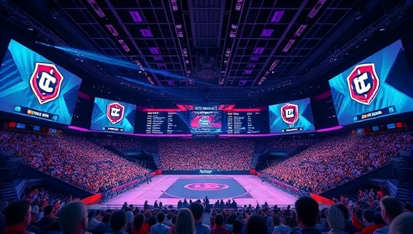 A dynamic and futuristic interface of a virtual esports arena with digital screens displaying team logos, odds, and live match updates, surrounded by an animated crowd of cheering fans, capturing the excitement of esports betting.