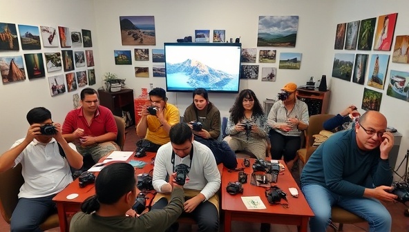 A virtual classroom setting with a diverse group of participants engaged in a photography workshop, each tuning into their cameras or editing software, surrounded by travel photos on the walls, fostering a creative and collaborative learning environment at Lens Wanderlust.