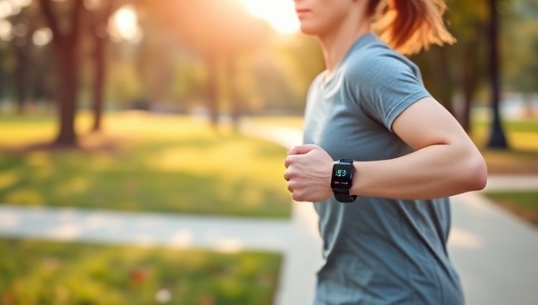 An energetic individual jogging in a park, wearing a sleek kinetic energy-powered smartwatch that displays fitness metrics and environmental impact data, highlighting sustainability and active lifestyle integration.