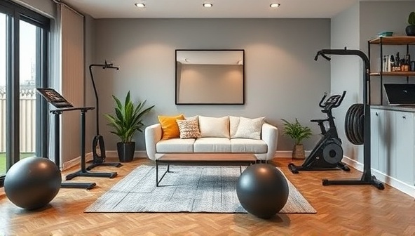 An image displaying a sleek home gym setup with rented equipment neatly arranged in a modern living space, creating an aspirational and convenient fitness environment that appeals to urban dwellers.