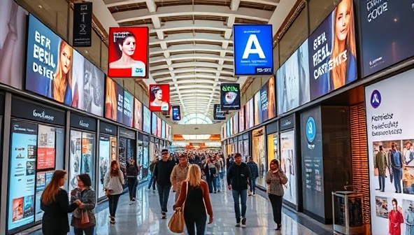 A vibrant and bustling mall scene with digital screens displaying personalized ads tailored to shoppers' preferences and behaviors, creating a dynamic and engaging shopping environment powered by DataSign AdNet's data-driven digital signage network.