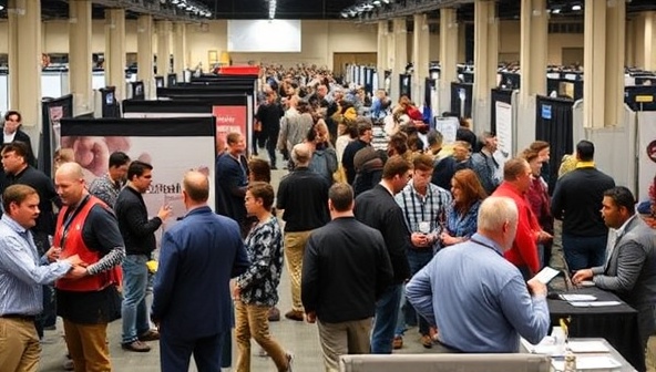 An image of a bustling job fair setting with mining professionals networking, exchanging resumes, and engaging in interviews, showcasing the dynamic and opportunity-filled environment created by MineMatch Solutions.