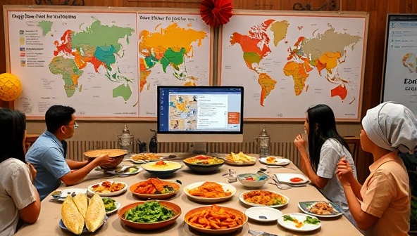 A virtual event setup with a diverse array of cultural culinary items, maps showcasing different food regions, a computer displaying a live food history session, participants engaging in a cultural discussion, and themed decorations reflecting a specific cuisine, creating an immersive and educational culinary journey.