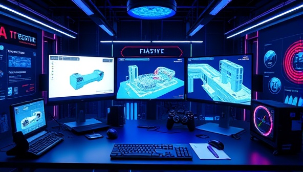 A futuristic digital workspace with multiple screens displaying virtual prototypes and simulations, surrounded by tech gadgets and tools, illustrating the cutting-edge virtual testing services offered by the business.