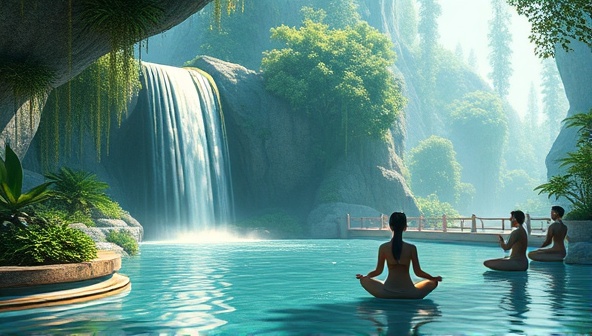 An evocative illustration of a serene digital oasis with a tranquil waterfall, lush greenery, and a peaceful meditation space, where virtual avatars engage in mindful practices and relaxation techniques, symbolizing the calming and rejuvenating experience of CalmMind Oasis.
