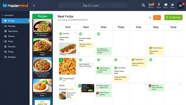 An interactive meal planning dashboard featuring colorful recipe tiles, nutrition facts, and a personalized meal calendar, illustrating the convenience and organization provided by the MealMastermind service.