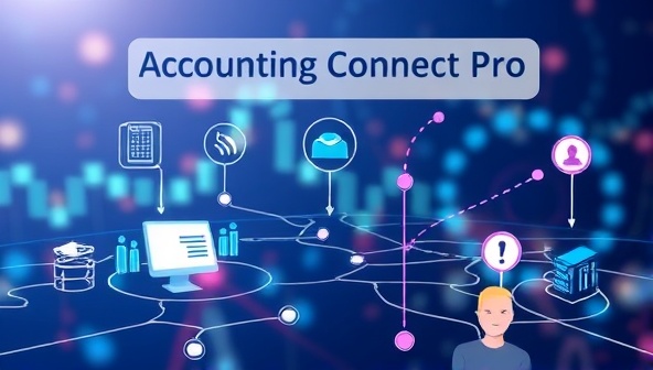 An illustrative representation of Accounting Connect Pro, showcasing a virtual marketplace connecting businesses and accounting professionals through a digital interface, symbolizing efficiency and collaboration in remote accounting outsourcing.