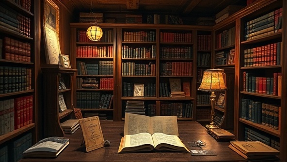 An immersive room setup featuring a vintage library scene with hidden compartments, cryptic clues, and literary artifacts, inviting participants to embark on a literary adventure filled with mystery and intrigue, set against a backdrop of classic book covers and mysterious manuscripts.