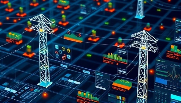 A digital simulation of a smart grid network displaying real-time data on energy distribution and consumption, with interactive grid monitoring tools and analytics graphs, symbolizing advanced grid optimization and management solutions for the energy industry.