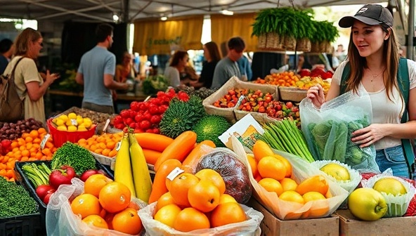 A farmer's market stall displaying a variety of colorful fruits and vegetables packaged in eco-friendly, biodegradable wraps and containers, surrounded by eco-conscious shoppers, emphasizing the sustainable and environmentally friendly aspect of the packaging solutions.