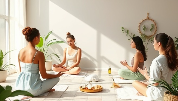 An artistic representation of a serene beauty wellness workshop setting, featuring a group of diverse participants engaging in mindfulness exercises, skincare rituals, and self-care practices, surrounded by calming natural elements and soothing color palettes, evoking a sense of inner beauty and well-being.