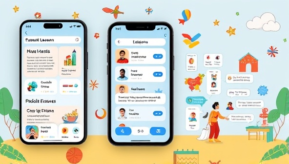An engaging app interface showcasing language lessons, interactive exercises, and virtual language exchange features, with colorful graphics and diverse cultural elements, creating an immersive and educational language learning experience within the app.