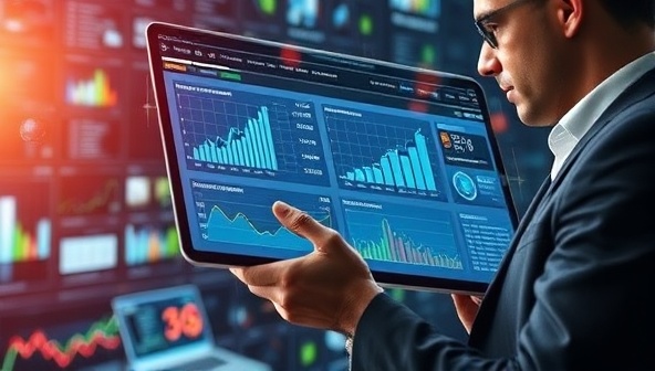 An artistic representation of a business executive interacting with a dynamic financial reporting dashboard on a tablet, displaying interactive charts and AI-generated insights, surrounded by digital data streams and futuristic analytics tools, symbolizing advanced financial intelligence and decision support provided by CogniFinance Insights.