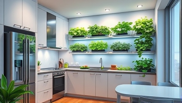 An artistic rendering of a sleek, modern apartment kitchen with a vertical farming unit against the wall, filled with lush green vegetables under vibrant LED lights, evoking a harmonious blend of technology and nature.