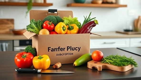An inviting kitchen counter adorned with a colorful array of farm-fresh produce spilling out of a branded subscription box, a chef's knife, and a cutting board, evoking the excitement of cooking with premium ingredients sourced directly from local farms.