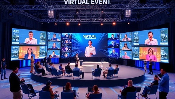 An interactive virtual event setup featuring a virtual stage with multiple screens displaying speakers and attendees from around the world, with engaging graphics and interactive elements, symbolizing innovation and global connectivity.